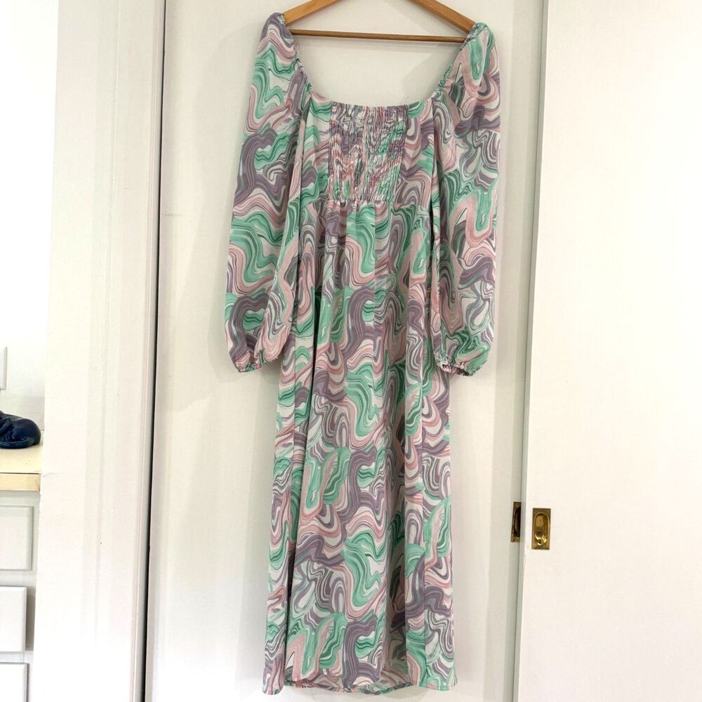 Love & Piece Women's S Pastel Swirl Maxi Dress Tie Side Square Neck Smocked